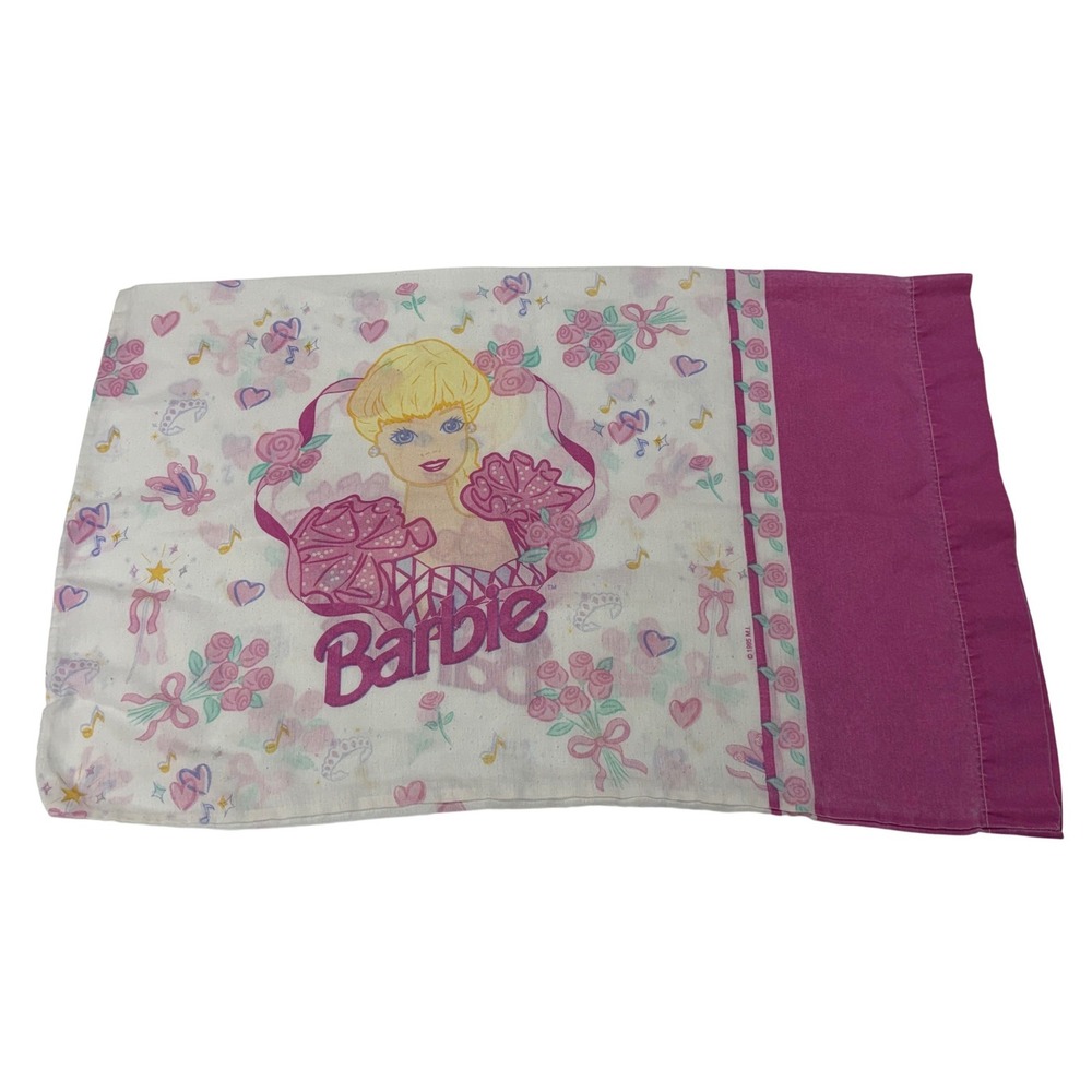 VTG Barbie Pillowcase Pink Floral Princess Hearts 1995 Mattel Bedding Standard
